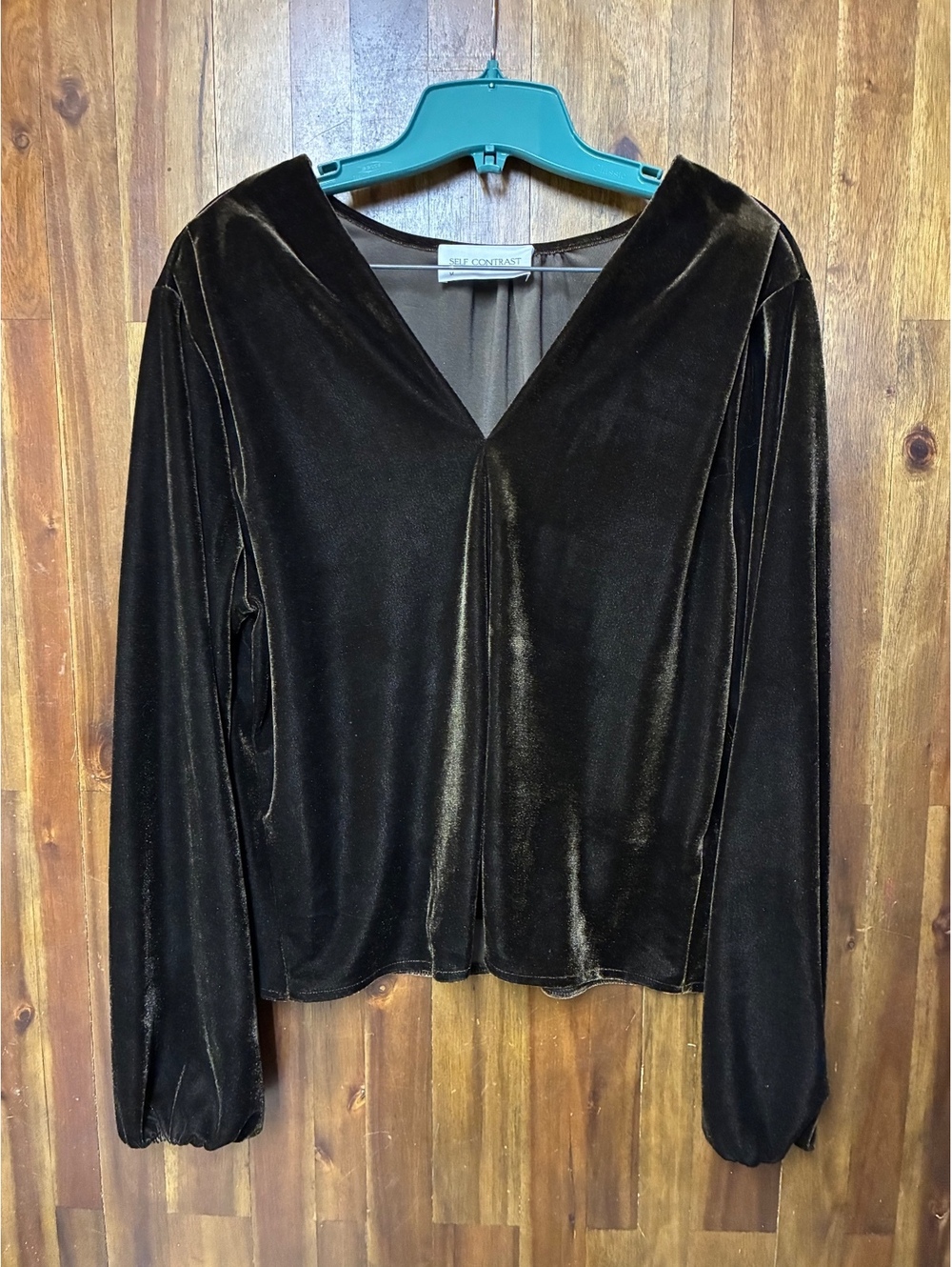 Self Contrast Anthropologie Dark Brown Velvet V-Neck Balloon Sleeve Top M
